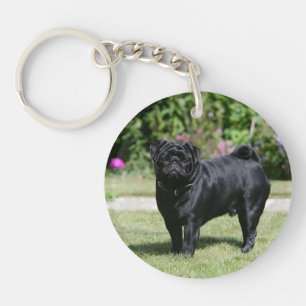 Black Pug Standing Looking at Camera Key Ring