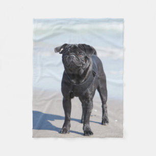 Black Pug Standing On The Beach Fleece Blanket