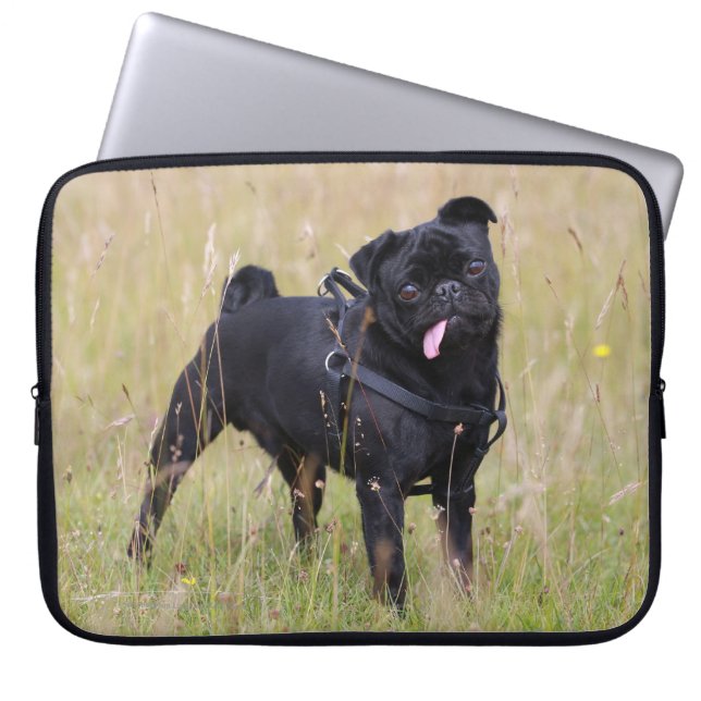 Black Pug Sticking Out Tounge Laptop Sleeve (Front)
