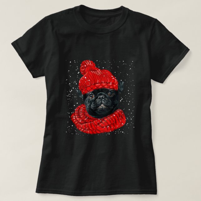 Black Pug Wearing Red Hat And Scarf In Snow Christ T-Shirt (Design Front)
