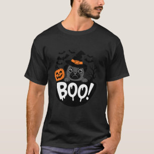 Black Pug Witch Hat Bats Spooky Pumpkin Halloween T-Shirt