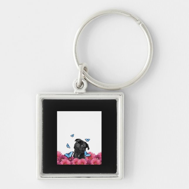 Black Pug With Blue Butterflies And Gerberas Key Ring (Front)
