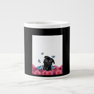 Black Pug With Blue Butterflies And Gerberas Large Coffee Mug