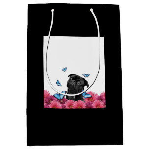 Black Pug With Blue Butterflies And Gerberas Medium Gift Bag