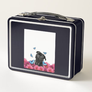Black Pug With Blue Butterflies And Gerberas Metal Lunch Box
