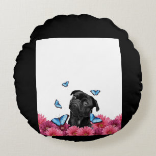 Black Pug With Blue Butterflies And Gerberas Round Cushion