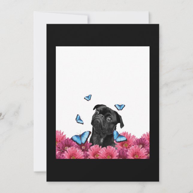 Black Pug With Blue Butterflies And Gerberas Thank You Card (Front)