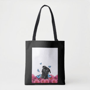 Black Pug With Blue Butterflies And Gerberas Tote Bag