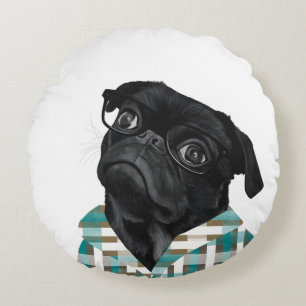 Black Pug With Glasses and Shirt Round Cushion
