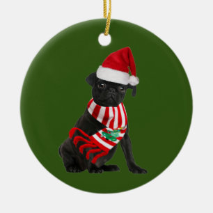 Black Pug With Hat Scaft Christmas Ceramic Tree Decoration