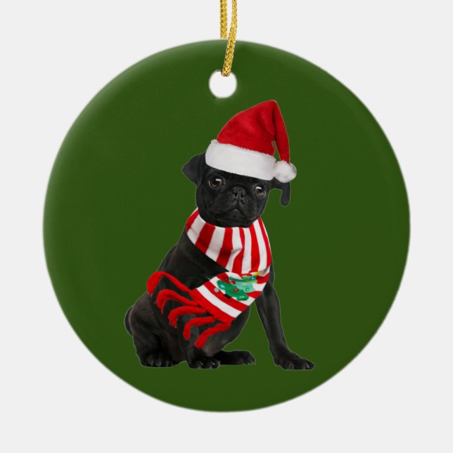 Black Pug With Hat Scaft Christmas Ceramic Tree Decoration (Front)