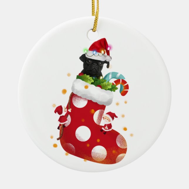 Black pug With Hat Sock Christmas Ceramic Tree Decoration (Front)