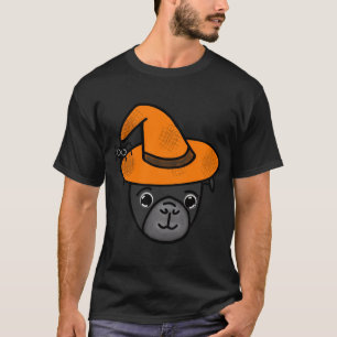 Black Pug with Orange Witch Hat and Spider Friend T-Shirt