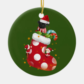Black Pug With Socking Ceramic Tree Decoration