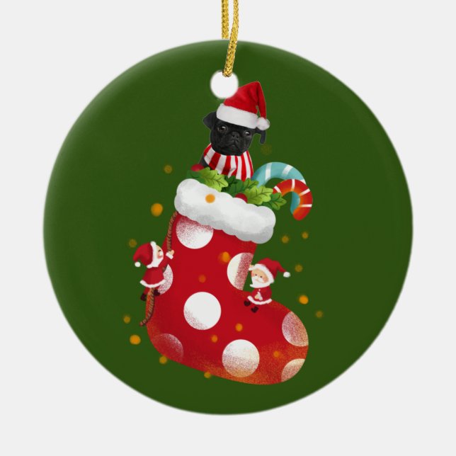 Black Pug With Socking Ceramic Tree Decoration (Front)