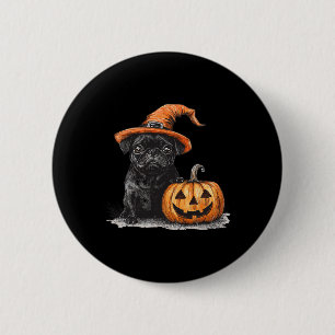 Black Pug With Witch Hat And Pumpkin Halloween Pug 6 Cm Round Badge