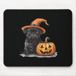 Black Pug With Witch Hat And Pumpkin Halloween Pug Mouse Mat