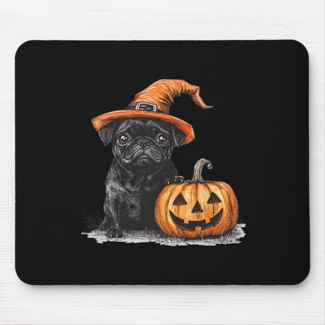 Black Pug With Witch Hat And Pumpkin Halloween Pug Mouse Mat (Front)