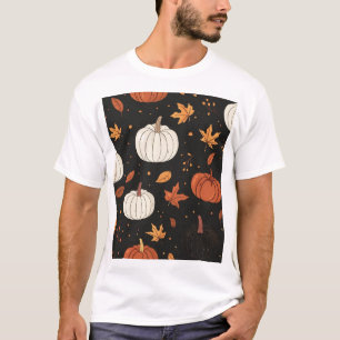 Black Pumpkin and Leaf Tiled Pattern T-Shirt