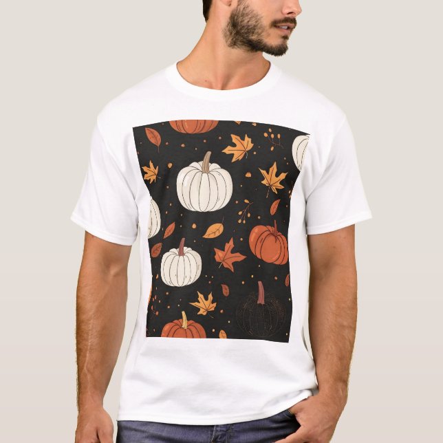 Black Pumpkin and Leaf Tiled Pattern T-Shirt (Front)