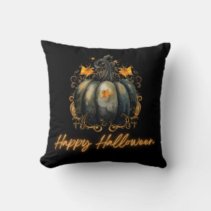 Black Pumpkin Leaves Black & Gold Happy Halloween Cushion