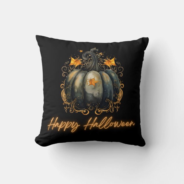 Black Pumpkin Leaves Black & Gold Happy Halloween Cushion (Front)