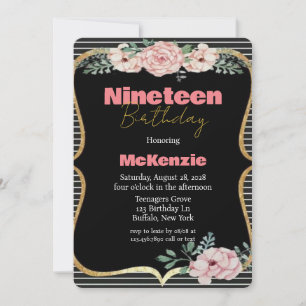 Black Punk Peony Gold Girl 19th Birthday Party Invitation