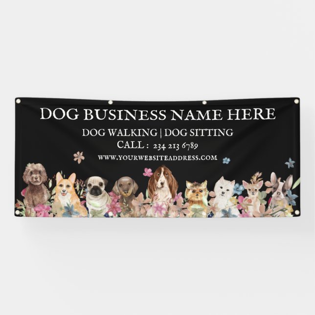 Black Puppies Floral Botanical Dog Groomer Banner (Horizontal)