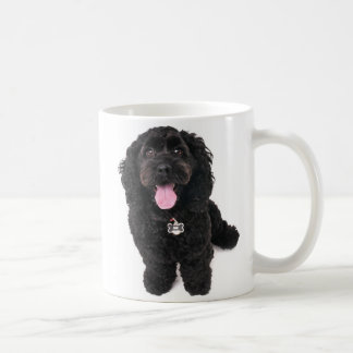 Black puppy looking up coffee mug