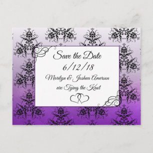 Black Purpl Damask Wedding Save the Date Postcard