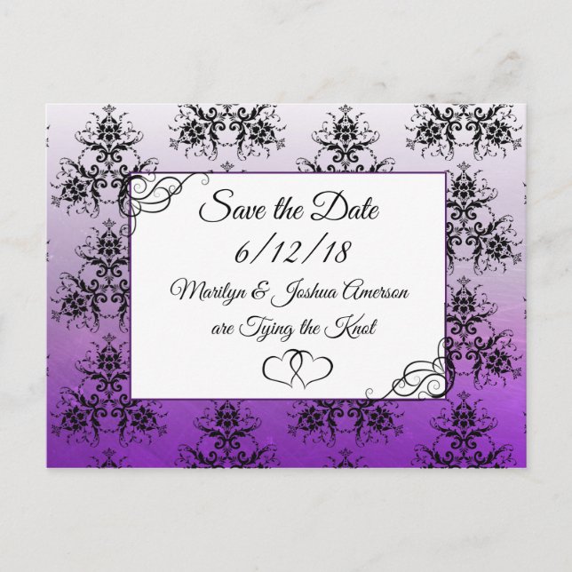 Black Purpl Damask Wedding Save the Date Postcard (Front)