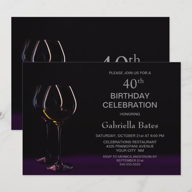 Black Purple 40th Birthday Wine Glass Party Invitation (Front/Back)