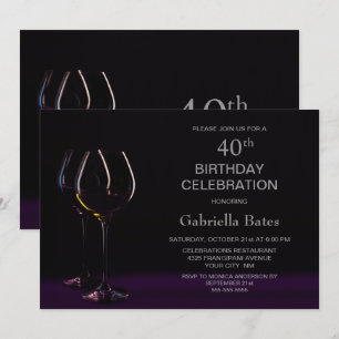 Black Purple 40th Birthday Wine Glass Party Invitation