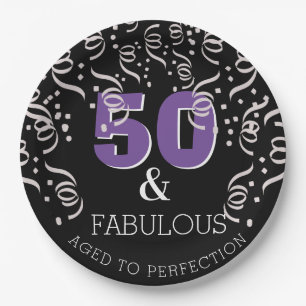 Black Purple 50 Fabulous Happy 50th Birthday Party Paper Plate