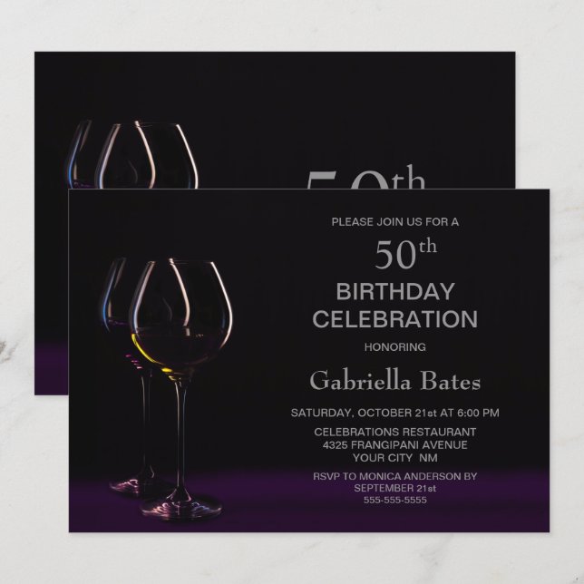 Black Purple 50th Birthday Wine Glass Party Invitation (Front/Back)