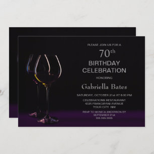 Black Purple 70th Birthday Wine Glass Party Invitation