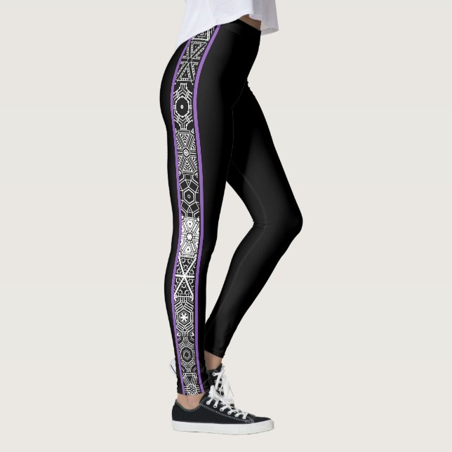 Black Purple Abstract Geometric Pattern Modern Leggings (Right)