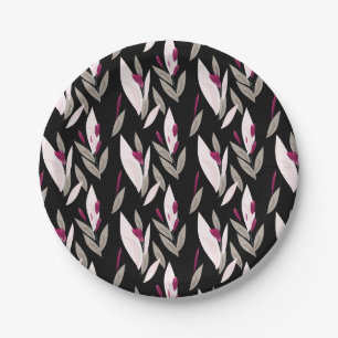 Black purple abstract red retro flower pattern paper plate