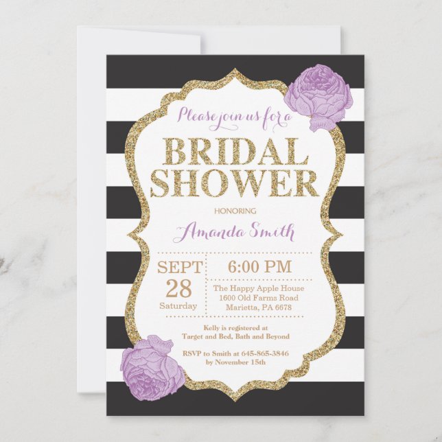 Black Purple and Gold Bridal Shower Invitation (Front)