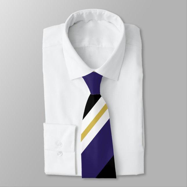 Black Purple and Gold Broad Regimental Stripe Tie (Tied)