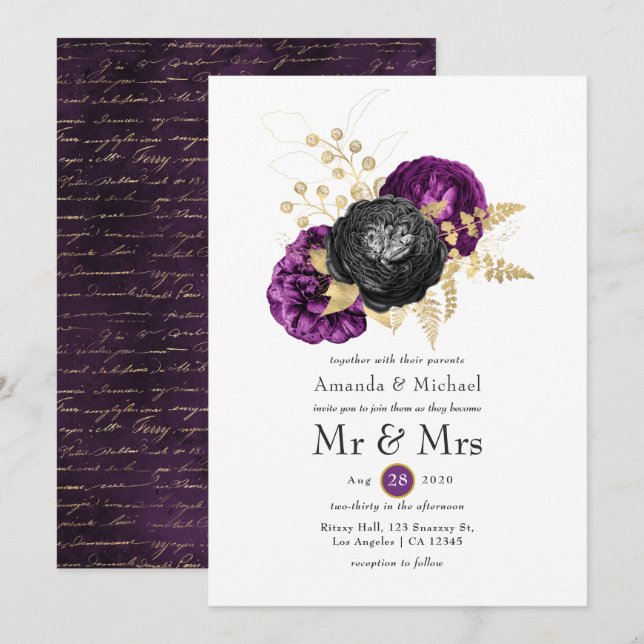 Black Purple and Gold Floral Gothic Wedding Invitation (Front/Back)
