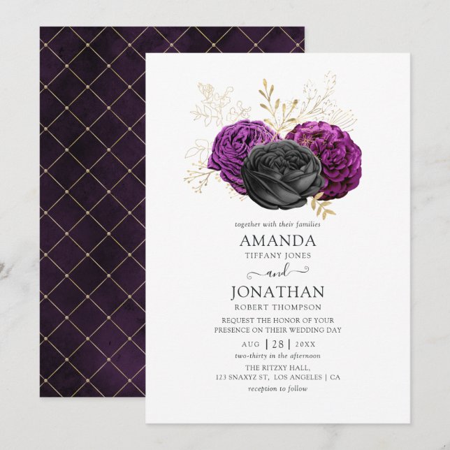 Black Purple and Gold Floral Gothic Wedding Invitation (Front/Back)