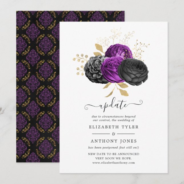 Black Purple and Gold Floral Gothic Wedding Update Invitation (Front/Back)