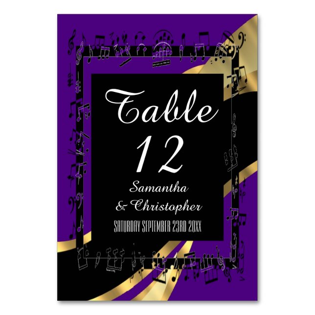 Black purple and gold personalised table number (Front)