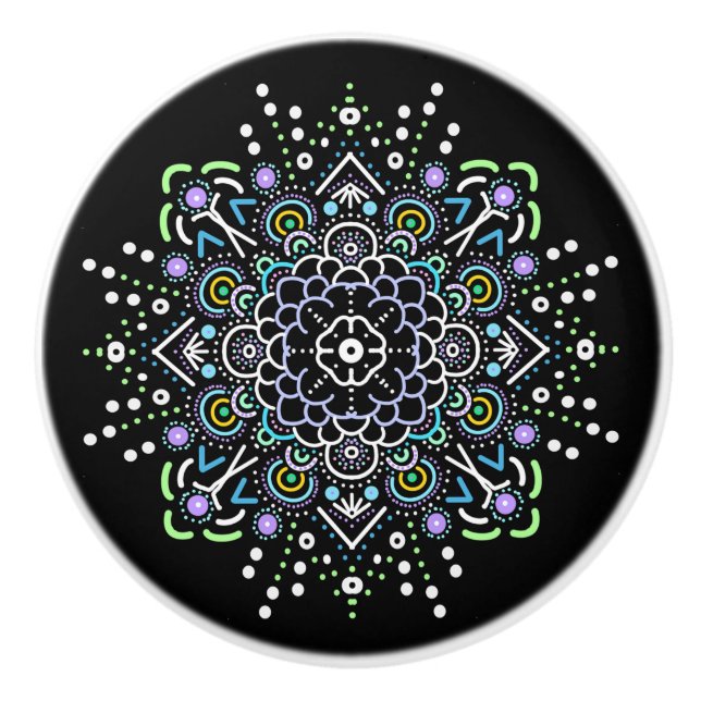 Black, Purple and Green Mandala  Ceramic Knob (Front)