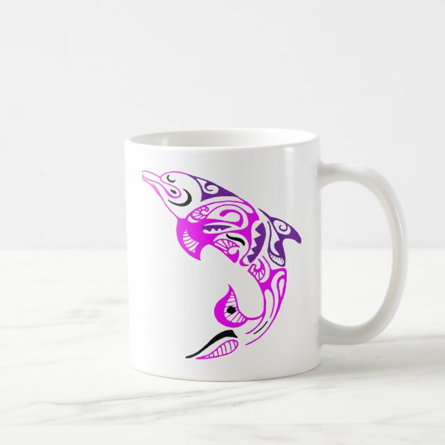 Black Purple and Pink Tribal Dolphin Tattoo Design Coffee Mug (Right)