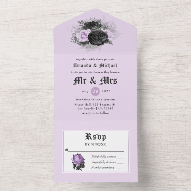 Black Purple and Silver Floral Gothic Wedding All  All In One Invitation (Inside)