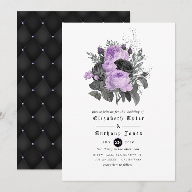 Black Purple and Silver Floral Gothic Wedding Invitation (Front/Back)