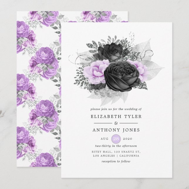 Black Purple and Silver Floral Gothic Wedding Invitation (Front/Back)
