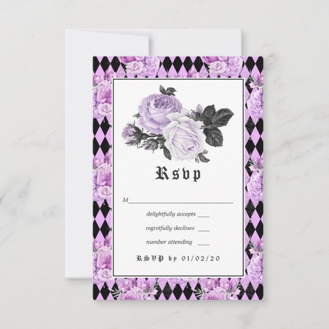 Black Purple and Silver Floral Gothic Wedding RSVP Card (Front)